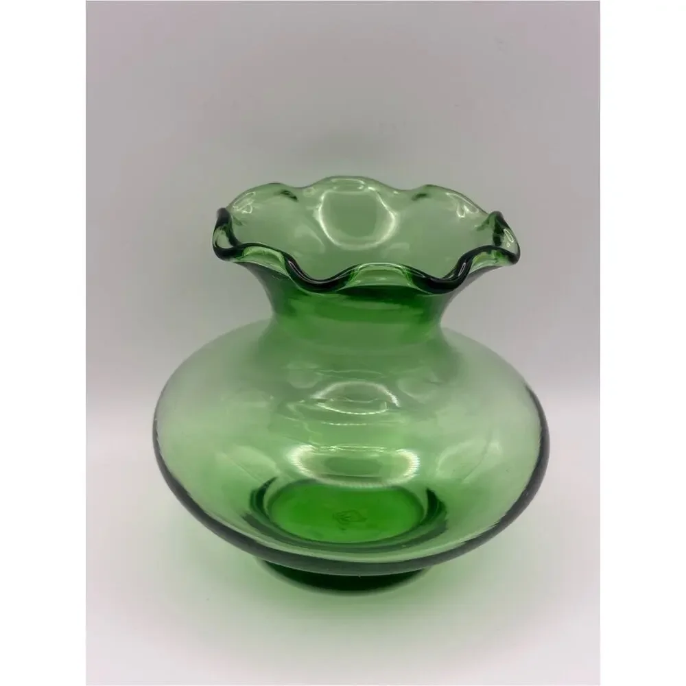 Vintage Anchor Hocking Small Vase Green Glass Ruffled Rim